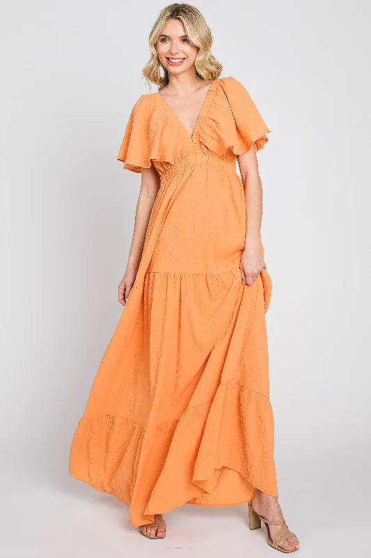 ladies-maxi-dress-geometric-gleam-Orange Crepe Flounce Sleeve Tiered Maxi Dress