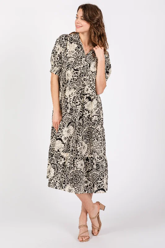 Women's midi dress zest chic -Black Floral Collared Tiered Midi Dress