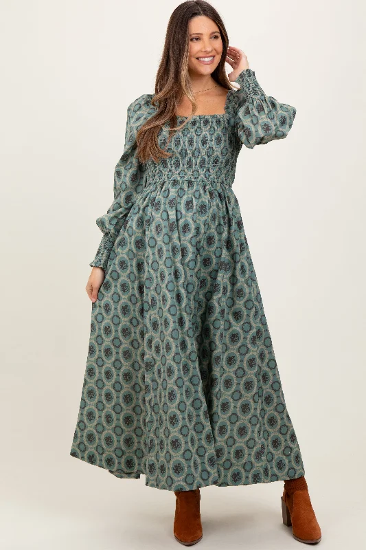 ladies-maxi-dress-silver-sweep-Olive Smocked Printed Square Neck Maternity Maxi Dress