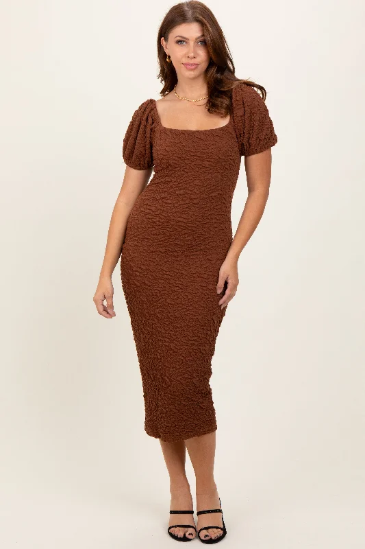 Women's midi dress old flair -Mocha Textured Square Neck Puff Sleeve Midi Dress