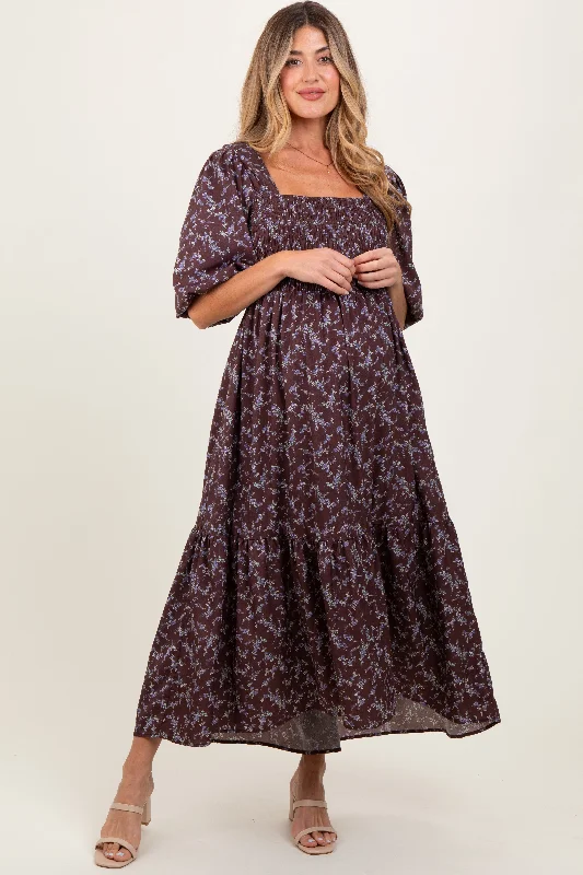 ladies-maxi-dress-maroon-muse-Plum Floral Smocked Hi-Low Puff Sleeve Maternity Maxi Dress