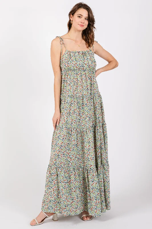 ladies-maxi-dress-animal-allure-Light Olive Floral Ruched Square Neck Shoulder Tie Tiered Maxi Dress