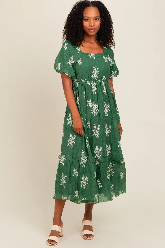 Women's midi dress bar chic -Green Floral Print Ruffle Hem Midi Dress