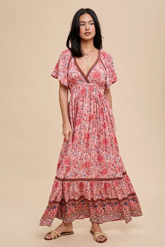 ladies-maxi-dress-wrap-whimsy-Pink Floral Flounce Sleeve Maxi Dress