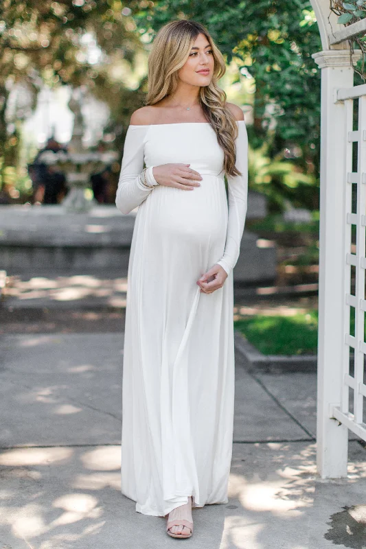 ladies-maxi-dress-halter-haze-PinkBlush Petite Ivory Solid Off Shoulder Maternity Maxi Dress