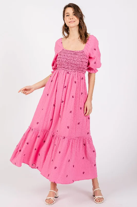 Women's midi dress bell chic -Pink Gauze Smocked Embroidered Square Neck Midi Dress