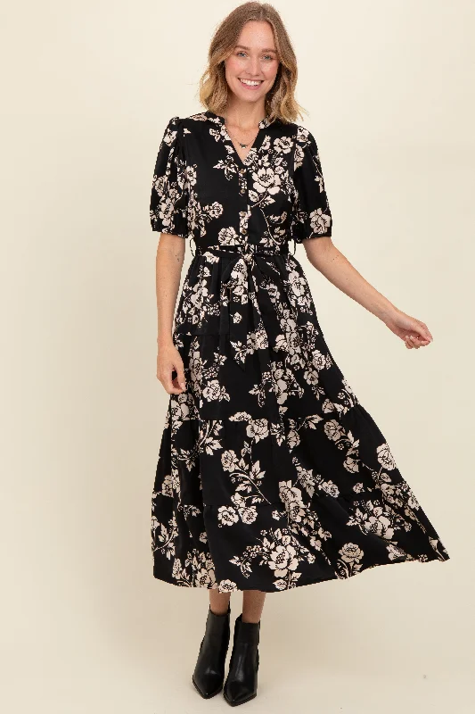 Women's midi dress box flair -Black Floral Button Down Front Tie Midi Dress