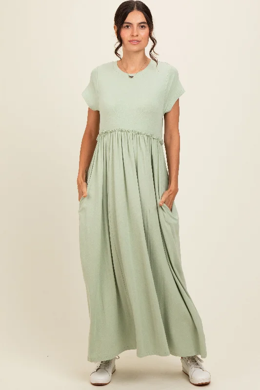 ladies-maxi-dress-lemon-lush-Light Olive Ruffle Trim Maxi Dress