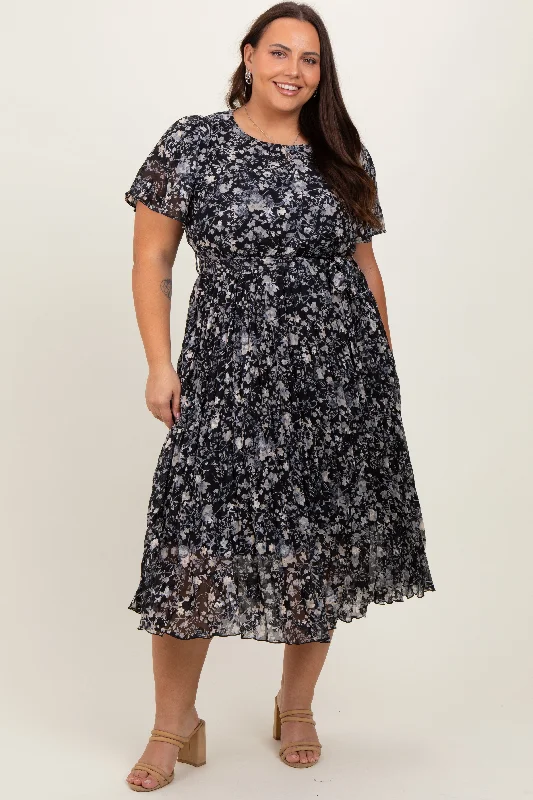 Women's midi dress fog chic -Black Floral Pleated Plus Midi Dress