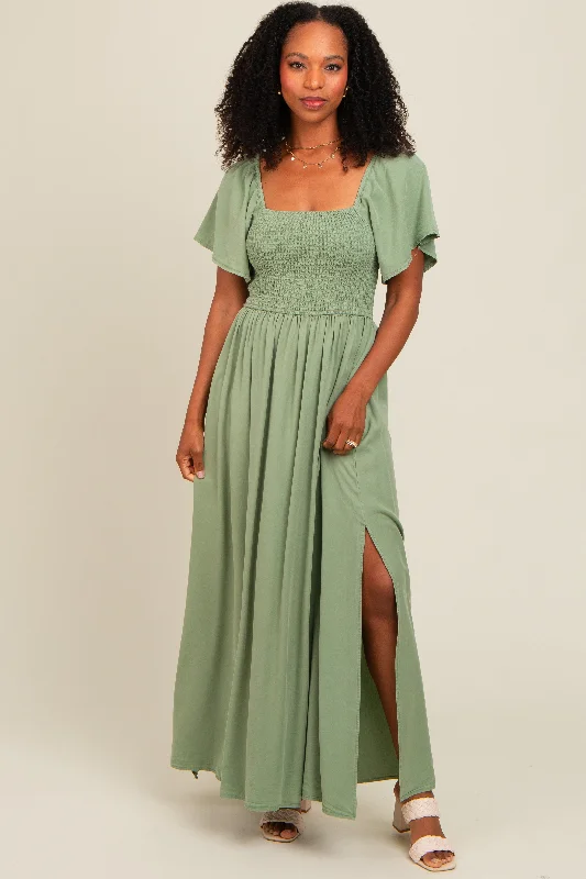 ladies-maxi-dress-cowl-cool-Light Olive Chambray Smocked Maxi Dress