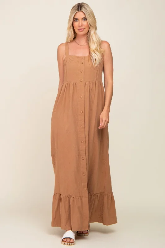 ladies-maxi-dress-budget-bloom-Mocha Front Button Sleeveless Maxi Dress