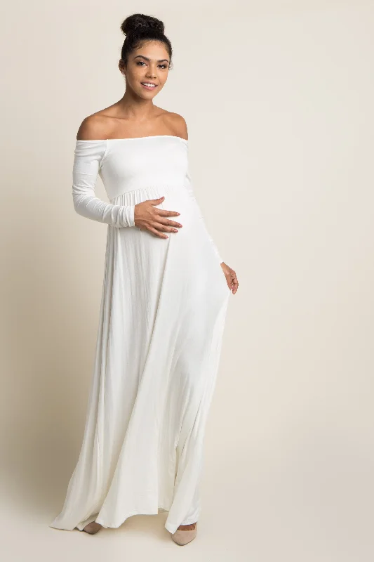 ladies-maxi-dress-silk-sunset-PinkBlush Ivory Solid Off Shoulder Maternity Maxi Dress