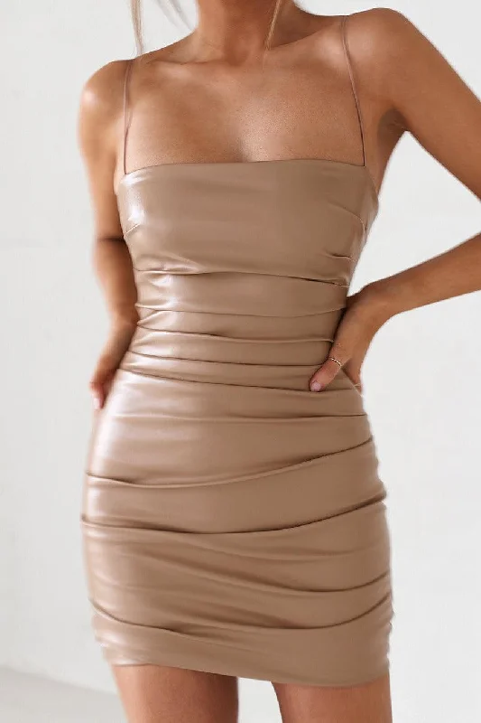 ladies-mini-dress-insta-illume-Vegan Leather Mini Dress - Tan