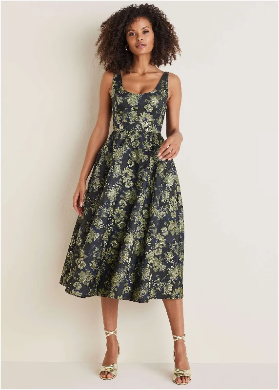 Women's midi dress heart pop -Floral Jacquard Midi Dress - Navy Combo