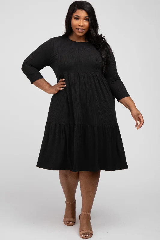 Women's midi dress hub chic -Black Tiered Ribbed 3/4 Sleeve Plus Midi Dress