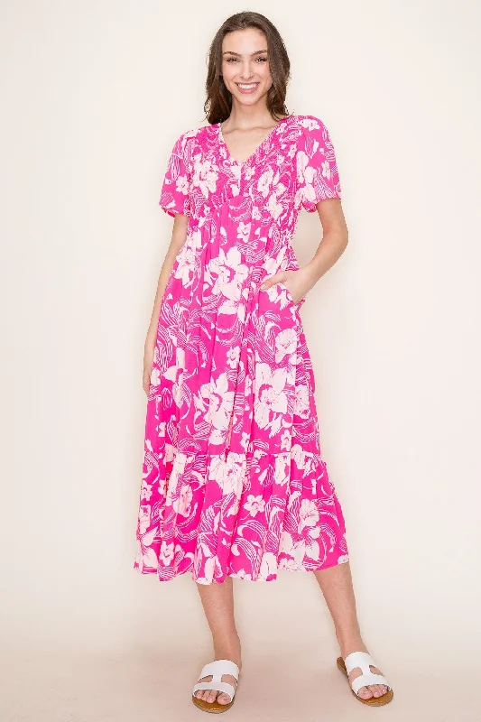 Women's midi dress ray pop -Pink Floral Print Smocked Midi Dress