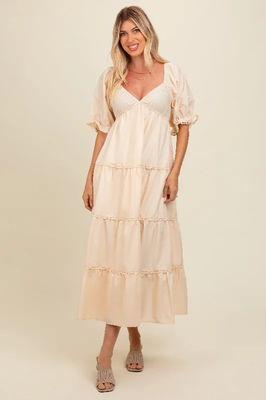 ladies-maxi-dress-fresh-fable-Cream Deep V-Neck Tiered Maxi Dress