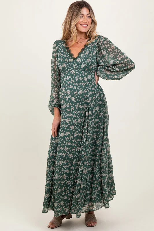 ladies-maxi-dress-smocked-sway-Green Floral Chiffon Lace Trim Back Tie Maternity Maxi Dress