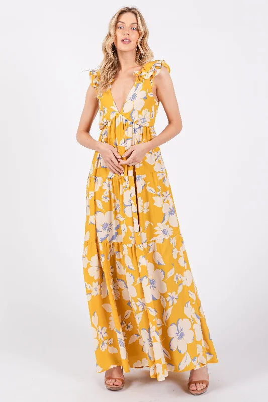 ladies-maxi-dress-wedding-wisp-Yellow Floral Deep V-Neck Open Back Maxi Dress