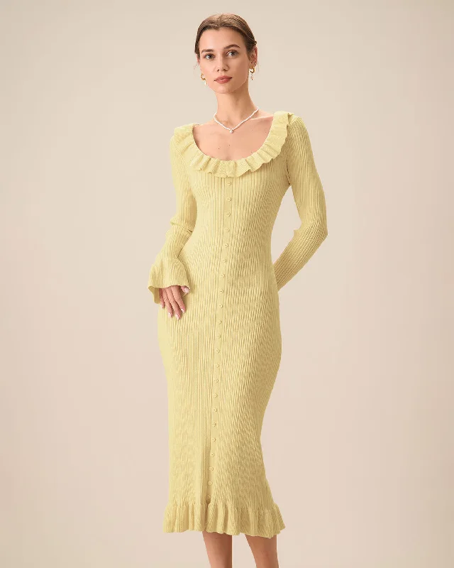 ladies-bodycon-dress-pleated-play-Yellow U-Neck Ruffle Bodycon Sweater Dress | Yellow