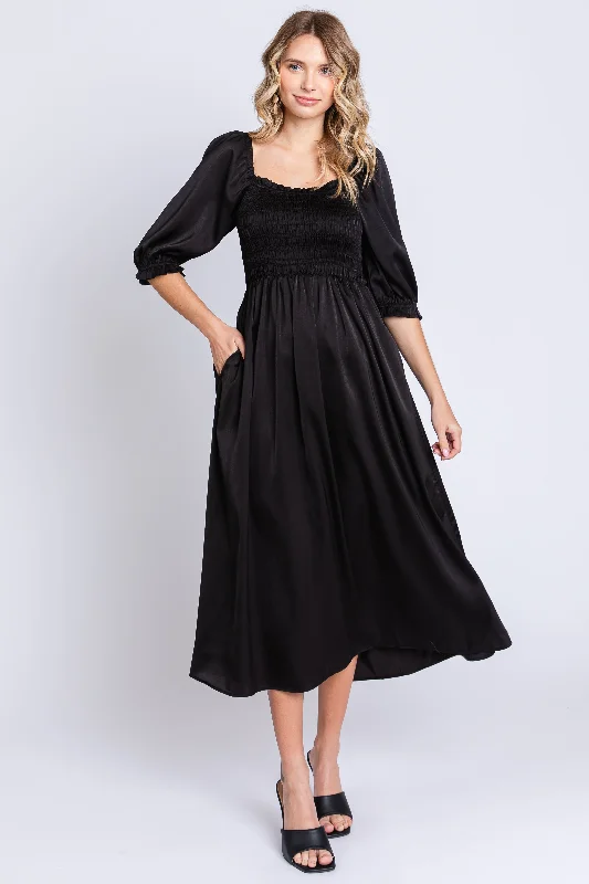 Women's midi dress hub chic -Black Satin Smocked Midi Dress