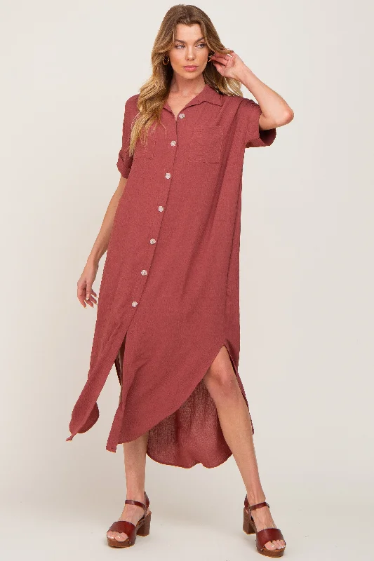 ladies-maxi-dress-maroon-muse-Rust Button Down Hi Low Maxi Dress