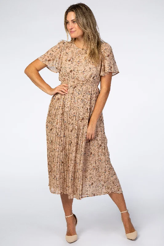 Women's midi dress hem pop -Beige Floral Pleated Chiffon Midi Dress