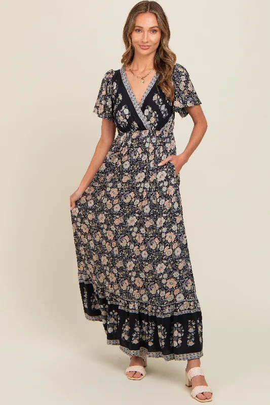 ladies-maxi-dress-travel-tide-Black Floral Border Printed Woven Short Sleeve V-Neck Maxi Dress