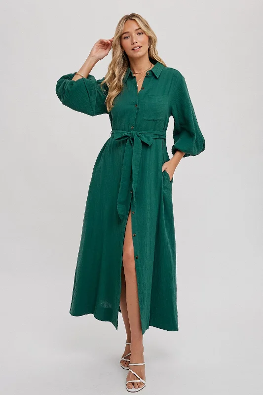 Women's midi dress mist chic -Forest Green Gauze Belted Shirt Midi Dress