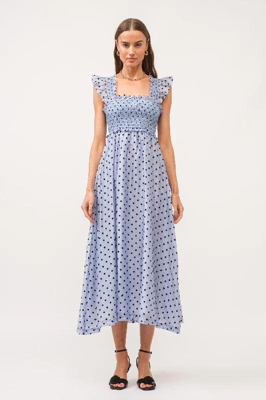 Women's midi dress roar glow -Blue Polka Dot Smocked Midi Dress