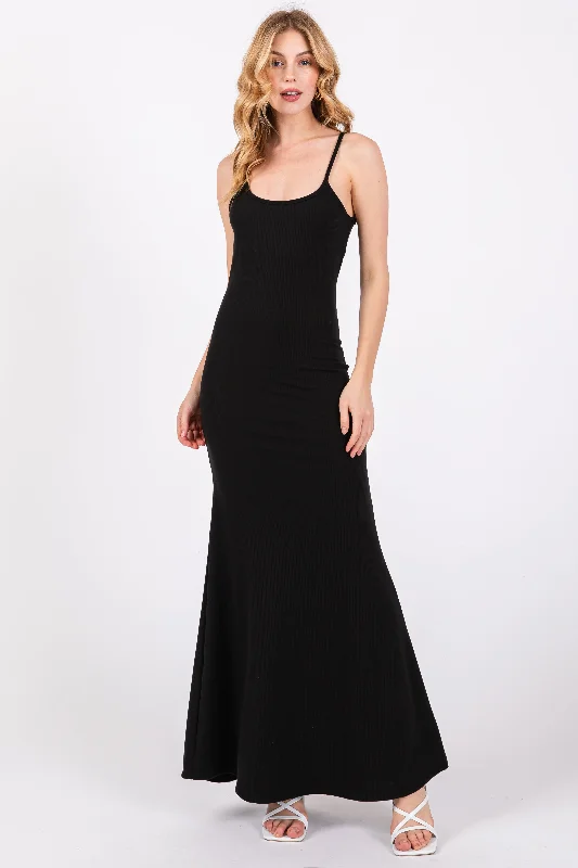 ladies-maxi-dress-wedding-wisp-Black Sleeveless Ribbed Maxi Dress