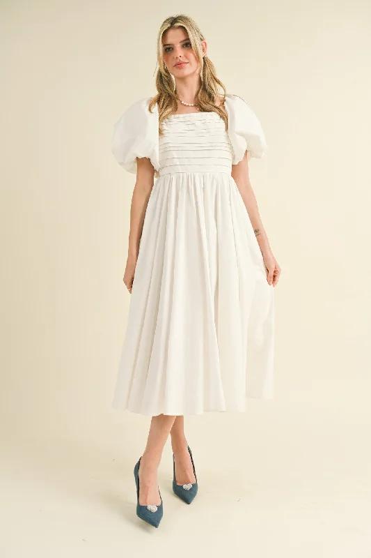 Women's midi dress part pop -Off White Balloon Sleeve Pleated Midi Dress