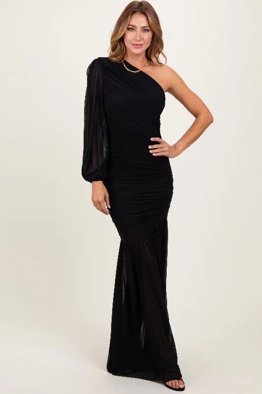 ladies-maxi-dress-holiday-hush-Black Ruched Mesh One Shoulder Asymmetric Maxi Dress