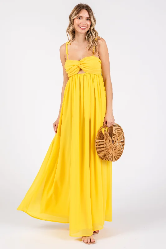 ladies-maxi-dress-forest-fable-Yellow Chiffon Sleeveless Cutout Front Maxi Dress