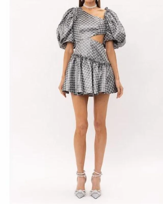 ladies-mini-dress-ash-airy-Claire Checkered Jacquard Mini Dress in Silver | Silver