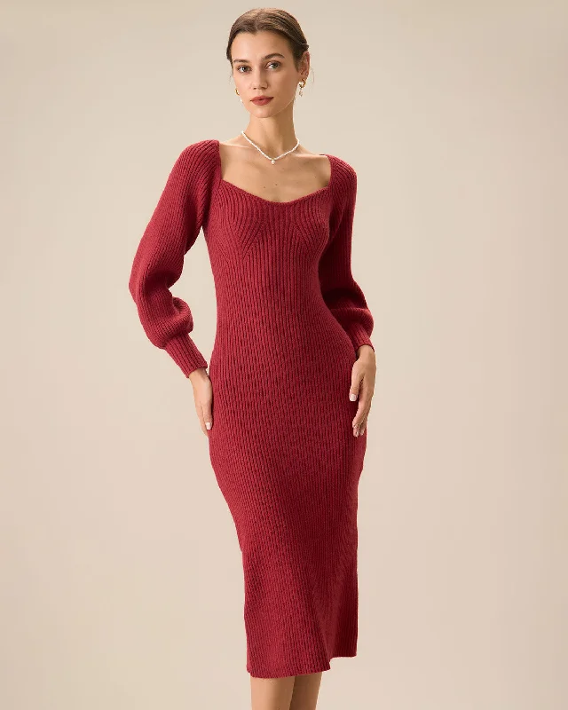 ladies-bodycon-dress-high-waist-hype-Women's Red Ribbed Knit Bodycon Sweater Dress | Red