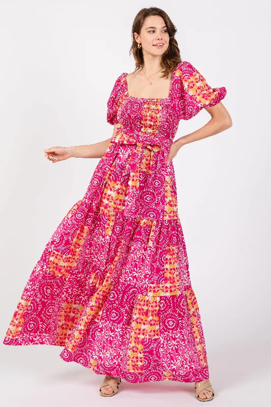 ladies-maxi-dress-striped-sunset-Fuchsia Floral Smocked Short Puff Sleeve Tiered Maxi Dress