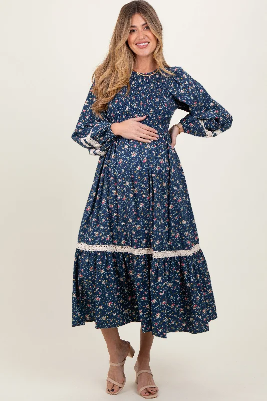 ladies-maxi-dress-navy-nimbus-Blue Smocked Floral Crochet Lace Trim Maternity Maxi Dress