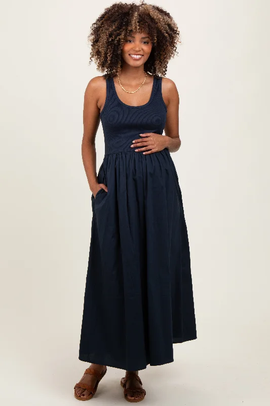 ladies-maxi-dress-minimal-mirth-Navy Scoop Neck Contrast Skirt Maternity Maxi Dress