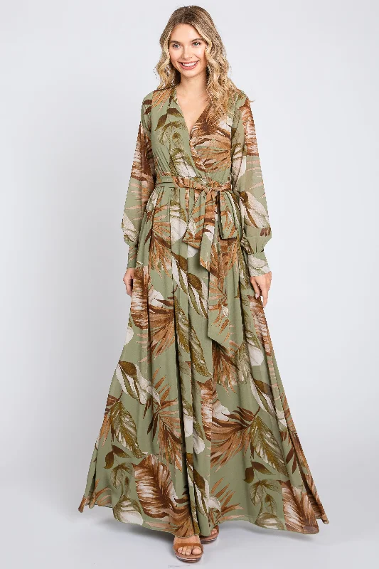 ladies-maxi-dress-vermilion-vibe-Olive Palm Print Chiffon Wrap Front V-Neck Long Sleeve Maxi Dress