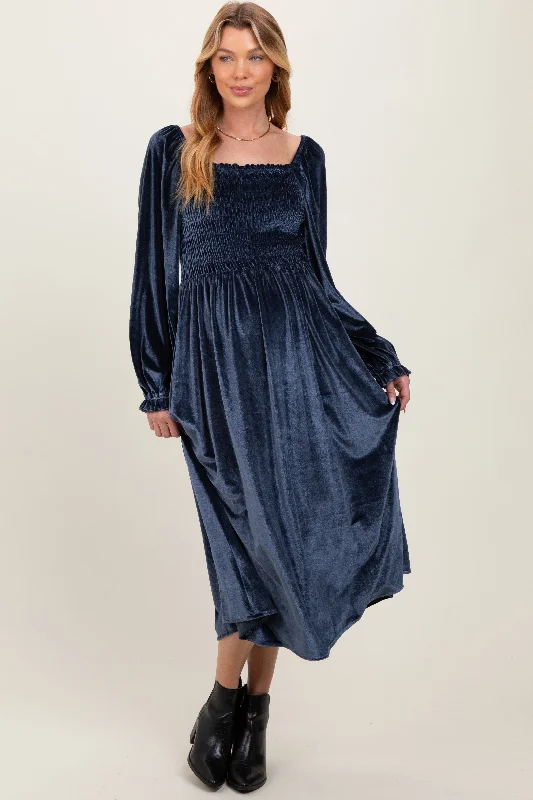 ladies-maxi-dress-daytime-dusk-Navy Velvet Smocked Long Sleeve Maternity Maxi Dress