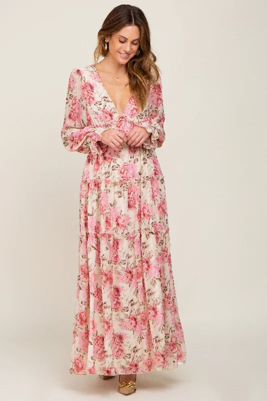 ladies-maxi-dress-opal-orchid-Ivory Floral Chiffon Ruffle Tiered Maxi Dress