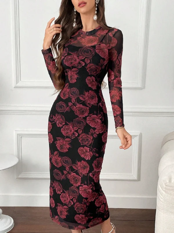 ladies-bodycon-dress-draped-dare-SHEIN Modely Floral Print Round Neck Bodycon Long Sleeve Dress