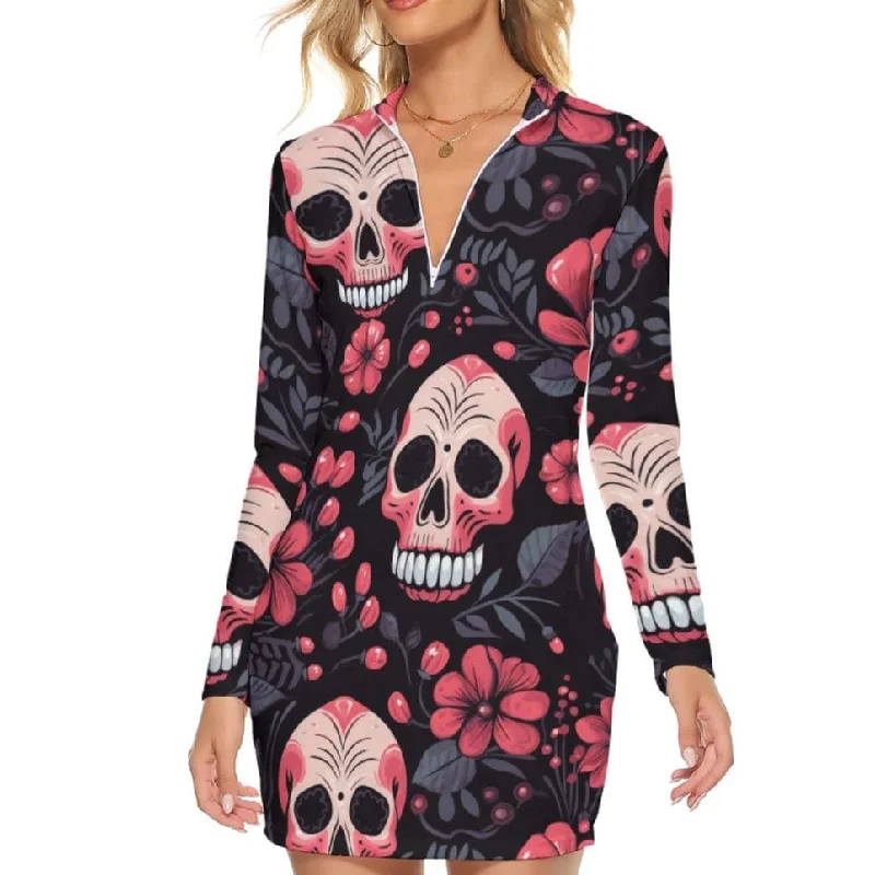 ladies-bodycon-dress-green-gleam-Women's Pink Floral Skull Zip Front Bodycon Long Sleeve Dress