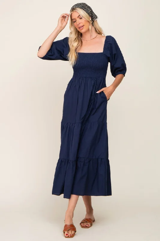 ladies-maxi-dress-brunch-breeze-Navy Blue Square Neck Smocked Tiered Maxi Dress