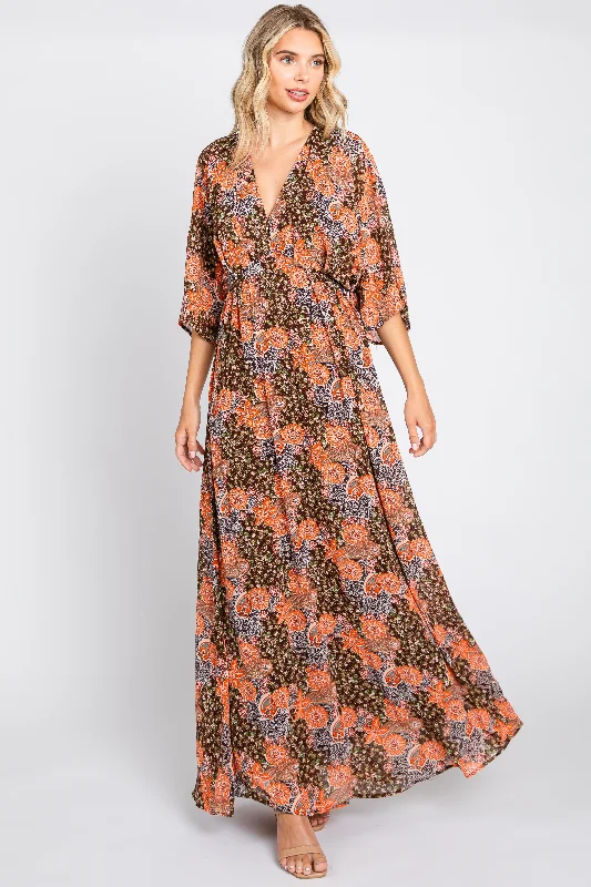 ladies-maxi-dress-romantic-ripple-Brown Floral Paisley Chiffon Maxi Dress