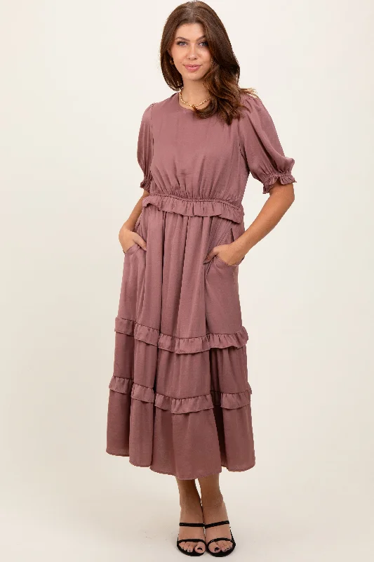 Women's midi dress sew glow -Mauve Satin Ruffle Trim Midi Dress