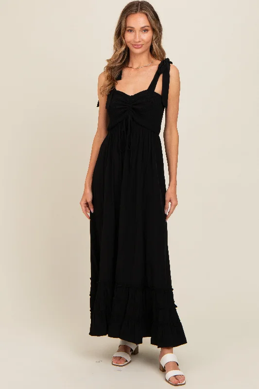 ladies-maxi-dress-slim-sunset-Black Sweetheart Neck Smocked Shoulder Tie Maxi Dress