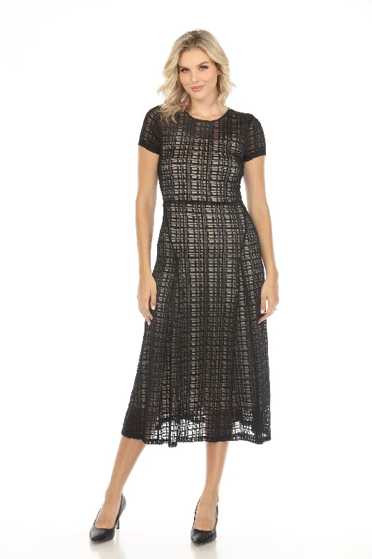 Women's midi dress quiz flair -Johnny Was Jade Black Plaid Solia Paneled Mesh Midi Dress Boho Chic L32924