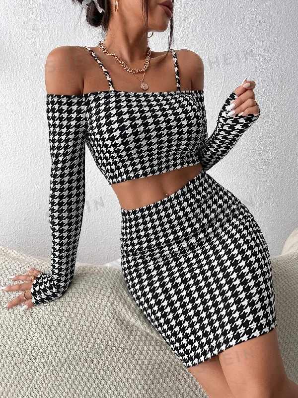 ladies-bodycon-dress-feminine-flair-Privé Houndstooth Print Cold Shoulder Crop Top & Bodycon Skirt